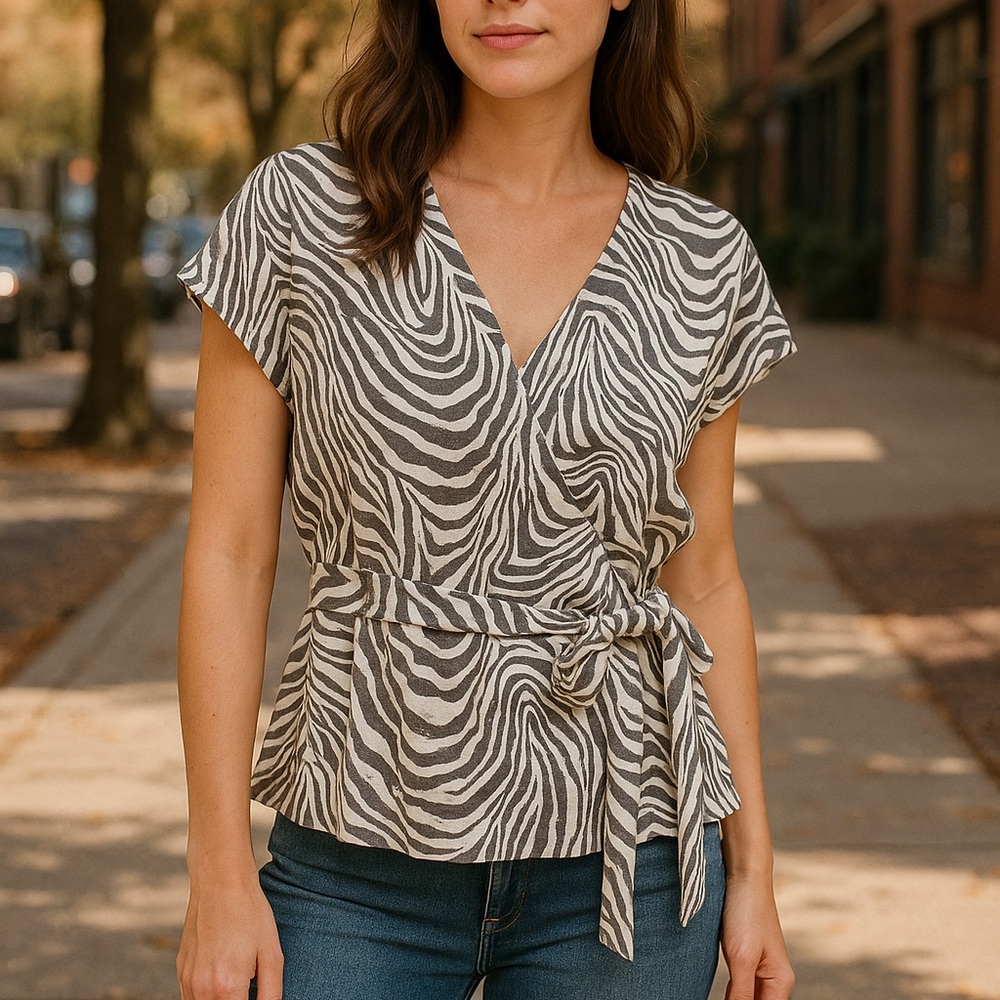 Banana Republic Zebra Print Linen Wrap Top Women’s XS Tie Waist Casual Office